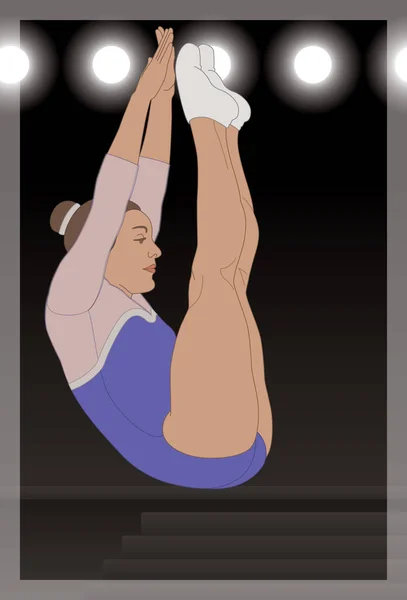 女子体操运动员从蹦床跳到黑暗的背景下 背景光明亮 — 图库矢量图片
