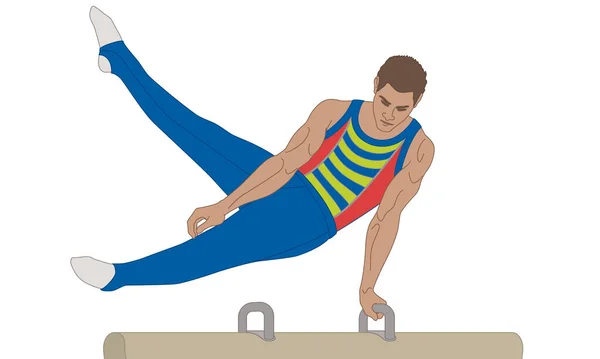 Gimnastyk Mężczyzna Huśtawka Nogi Nad Koniem Pommel Izolowane Białym Tle — Wektor stockowy