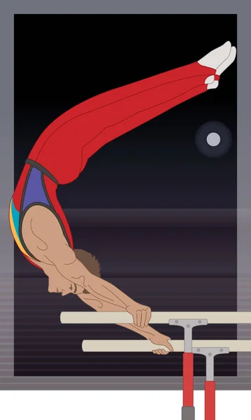 男子体操运动员在带有聚光灯的黑暗背景下 在拱形体中握紧两根倒立的杠 — 图库矢量图片