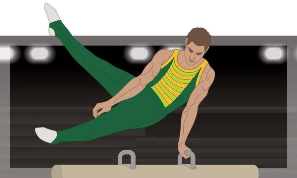男子体操运动员在有聚光灯的深色背景下在鞍马上摆动腿 — 图库矢量图片
