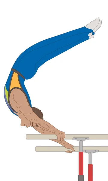 Gimnasta Macho Agarrando Dos Barras Paralelas Cuerpo Invertido Una Pose — Vector de stock