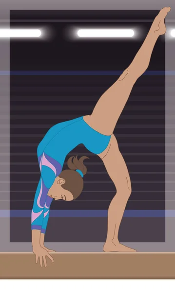 Gimnasta Femenina Pose Artística Viga Equilibrio Sobre Fondo Oscuro Con — Vector de stock