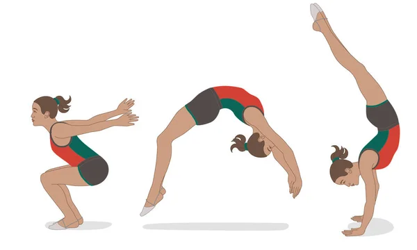 体操翻筋斗 女子翻筋斗在三个背向后翻筋斗的姿势中 与白色背景隔离 — 图库矢量图片