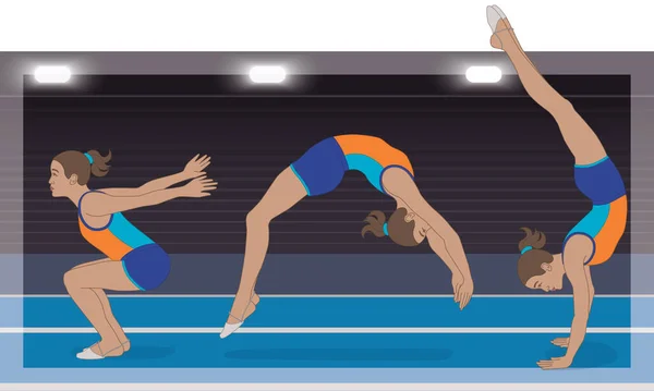 Gymnastique Tumbling Tumbler Femelle Trois Poses Dos Flip Sur Une — Image vectorielle