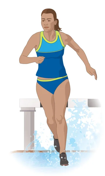 Steeplechase Corredor Femenino Corriendo Sobre Obstáculo Agua Obstáculo Detrás Corredor — Archivo Imágenes Vectoriales