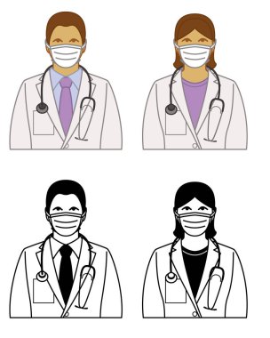 2019 yapımı Coronavirus, COVID-19, beyaz arka planda izole edilmiş, doktor, kadın ve erkek koruyucu tıbbi maske takıyor.
