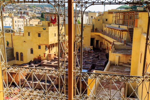 Δέρμα που πεθαίνει σε ένα παραδοσιακό βυρσοδεψείο Φες, Μαρόκο — Φωτογραφία Αρχείου