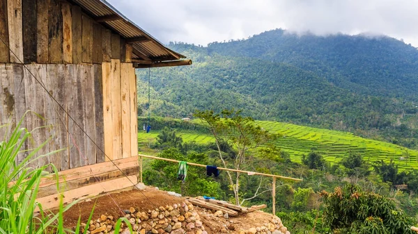 Casa de madeira com no fundo belo terraço de arroz verde — Fotografia de Stock