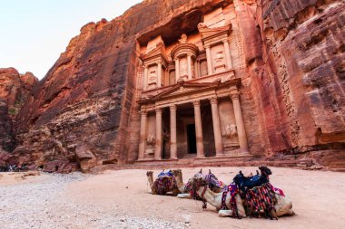 Petra Antik şehir Al Kh, hazine önünde deve
