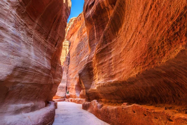 Uma Passagem Estreita Entre Formações Rochosas Íngremes Siq Petra Cidade Imagem De Stock