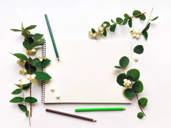 Sketchbook ve kalem beyaz zemin üzerine yeşil snowberry şube ve çilek ile dekore edilmiş. Düz yatıyordu, en iyi görünümü