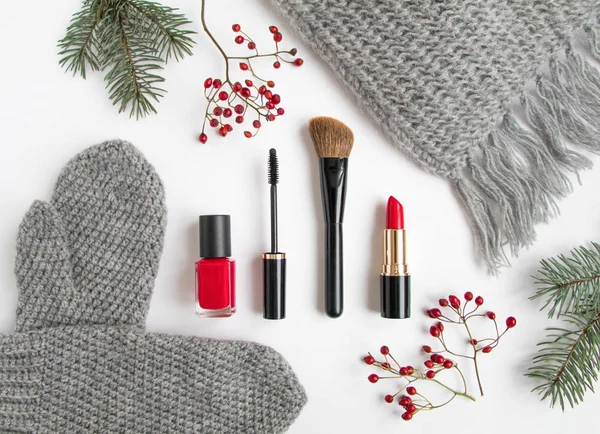 Winter accessories collage with cosmetics and clothes on white background. Flat lay, top view — Stock Photo, Image