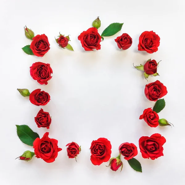 Decorative frame with red bright roses and leaves on white background. Flat lay — Stock Photo, Image