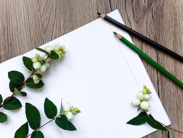 Closeup of notebook and pencils on wooden background. Decorated with green snowberry branches. Top view, flat lay — Stock Photo, Image