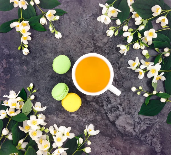 Tea cup with green tea and jasmine flowers on stone background. Top view, flat lay