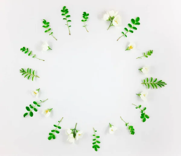 Modèle rond lumineux coloré de feuilles et de fleurs. Couché plat, vue du dessus Photos De Stock Libres De Droits