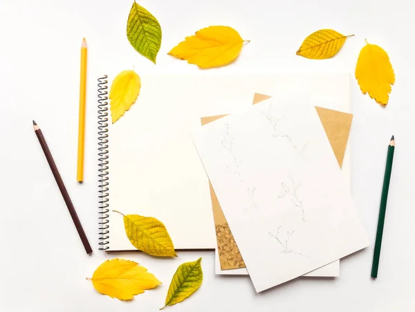 与专辑和铅笔，装饰着黄色和绿色的叶子的秋天组成。平躺，顶视图 — 图库照片