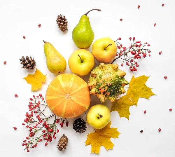 时尚组成的蔬菜、 水果、 秋天的落叶，浆果。白色背景上的顶视图。秋平躺 — 图库照片