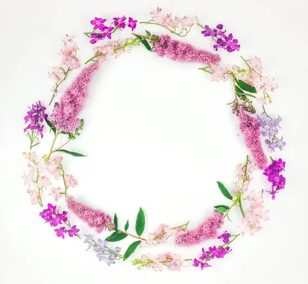 Kerek keret fehér alapon, színes gyújtoványfű virágokkal. Lapos feküdt, top view — Stock Fotó