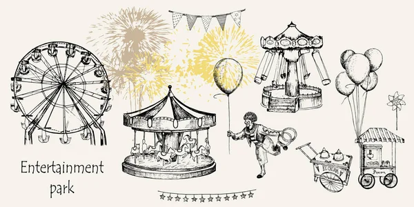 Eğlence Parkı kümesi: carousel, ferris whee, salıncak, mısır patlatma makinesi, dondurma, bayraklar, balonlar — Stok Vektör