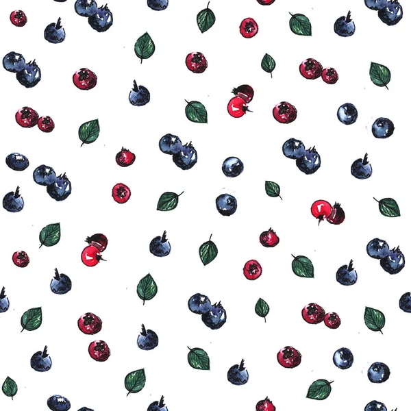 Watercolor seamless pattern of blueberry, crunberry and leaf. — Stock Photo, Image