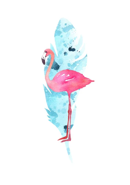 Illustration aquarelle. Silhouette en plumes avec fond bleu aquarelle éclaboussure et flamant rose — Photo