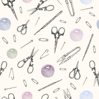 Vektör çizim. Seamless modeli. El yapımı ekipmanları, örgü ve tığ işi. Elle çizilmiş tasarım öğeleri.