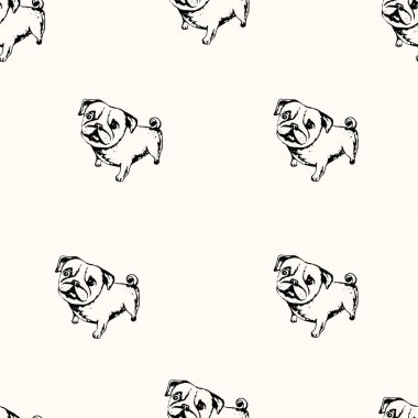 Vektör çizim. Pug köpek yavrusu çizilmiş kroki kalem. Vektör sorunsuz köpek desen.