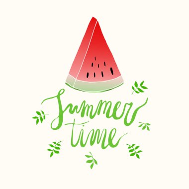 Vektör çizim. Dilim karpuz ve yeşil dalları ile metin.