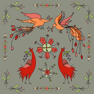 Vektör çizim. Stilize kuş ve flora desen. Renkli baskı. Süslü öğeleri. Eski stil süsleme.