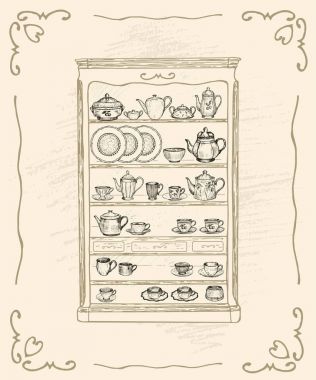 Vektör çizim, tüm nesneleri izole edilmiştir. Çay çömlek, bardak ve şeker ile çizilmiş kroki ahşap Haritayı durum kase. Porselen el çekilmiş seti.