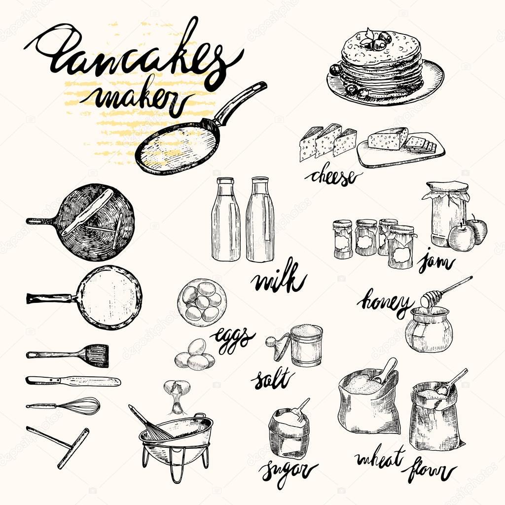 Vector illustration: pancakes and ingredients , cookware crockery. Pen drawn style.