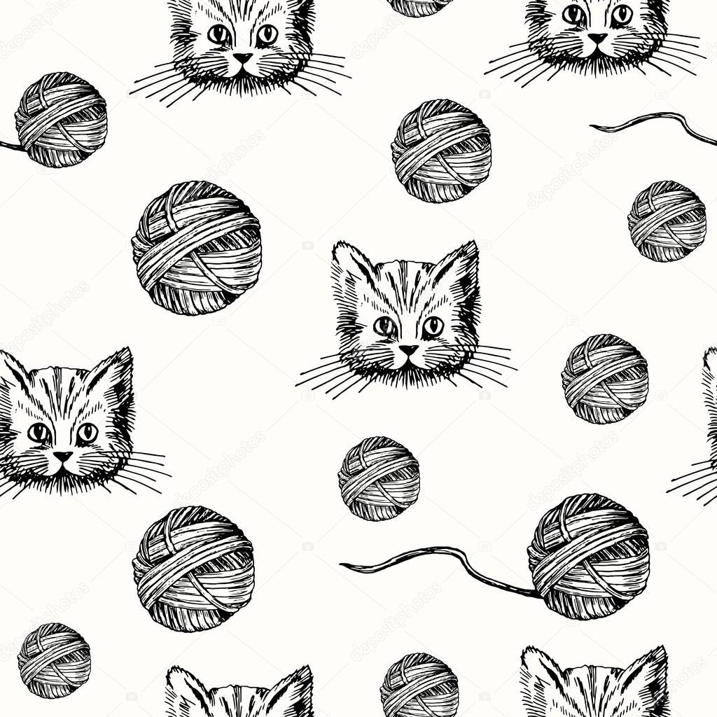 Vector illustration. Cat and yarn ball seamless pattern. Pen drawn style.