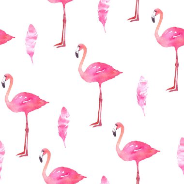 Sulu boya resim, tüy siluet suluboya splash arka plan, suluboya flamingo seamless modeli ile