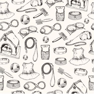 Vector illustration, hand drawn sketch: dog accessories make seamless pattern. clipart