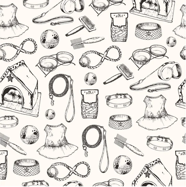 Ilustración vectorial, bosquejo dibujado a mano: accesorios para perros hacen patrón sin costuras . — Vector de stock