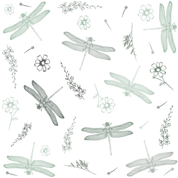 Vector pattern compound with dragonflies and flowers. Vector illustration — Stock Vector