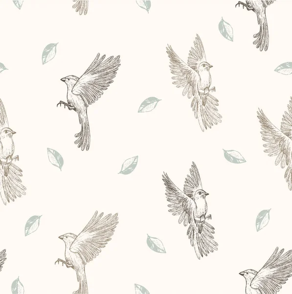 Vector illustration. Sketch drawn couple of birds and leaf seamless pattern.