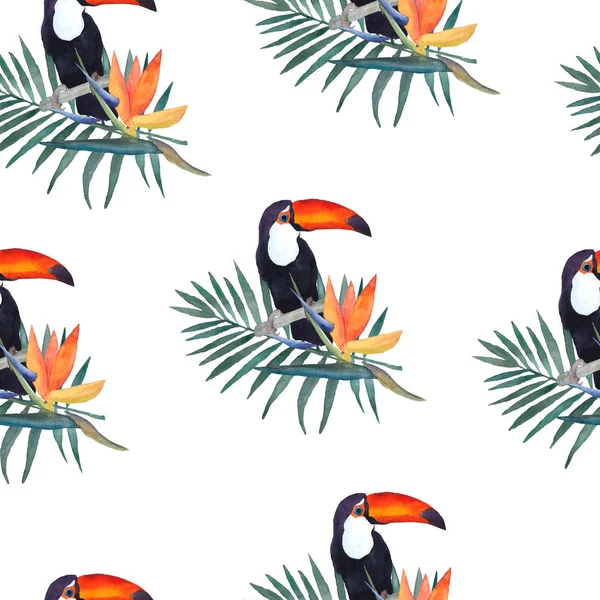 Illustrazione ad acquerello, modello senza cuciture. Tucano, foglia di palma e fiore di strelitzia. Schizzo disegnato a mano. Design di stampa . — Foto Stock