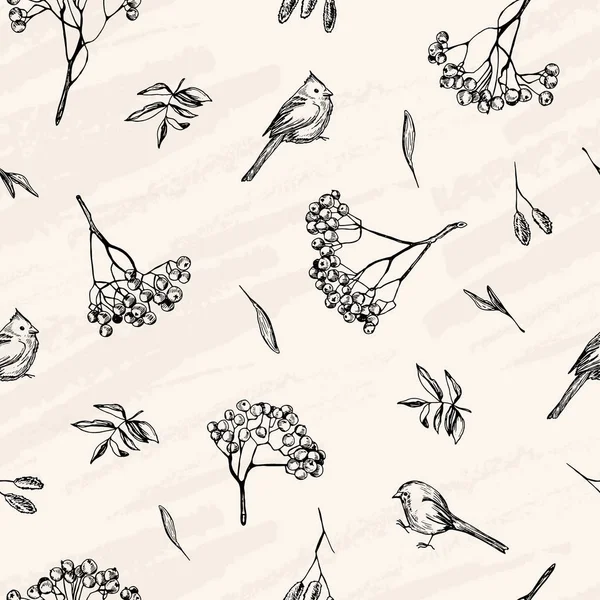 Patrón sin costura vectorial. Bosquejo vectorial, aves dibujadas estilo pluma, hojas y ramas de fresno . — Archivo Imágenes Vectoriales