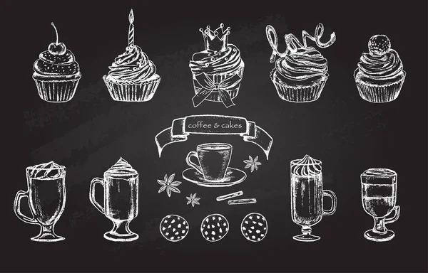 Векторная иллюстрация. Кофейная чашка и торты на доске. Векторное множество мелового стиля . — стоковый вектор