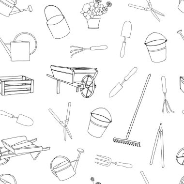 Vektör çizim. Bahçe aletleri. Vektör hat seamless modeli.