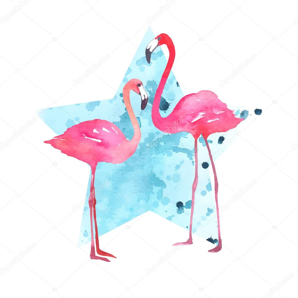 Vector illustration. Star silhouette with blue watercolor splash background and pink flamingo