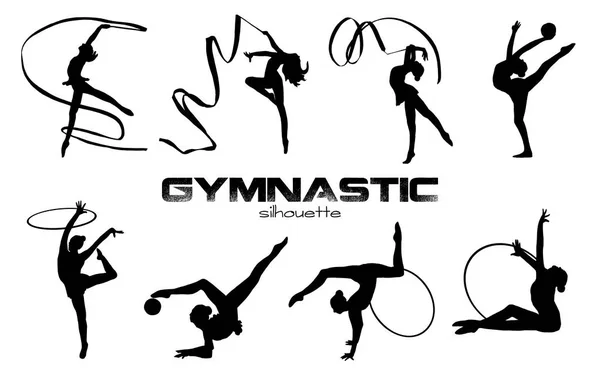 Rhythmic Gymnastics silhouettes set isolated on white. Women