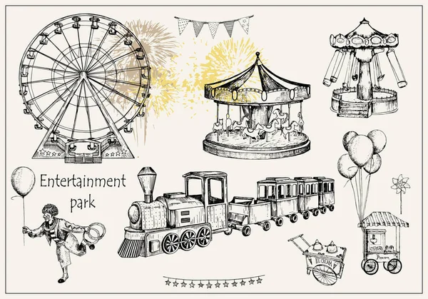 Vector sketch illustration. Pen style vector objects. Entertainment park set : carousel, ferris whee, swing, popcorn machine, ice cream, flags, balloons, train, firework — Stock Vector
