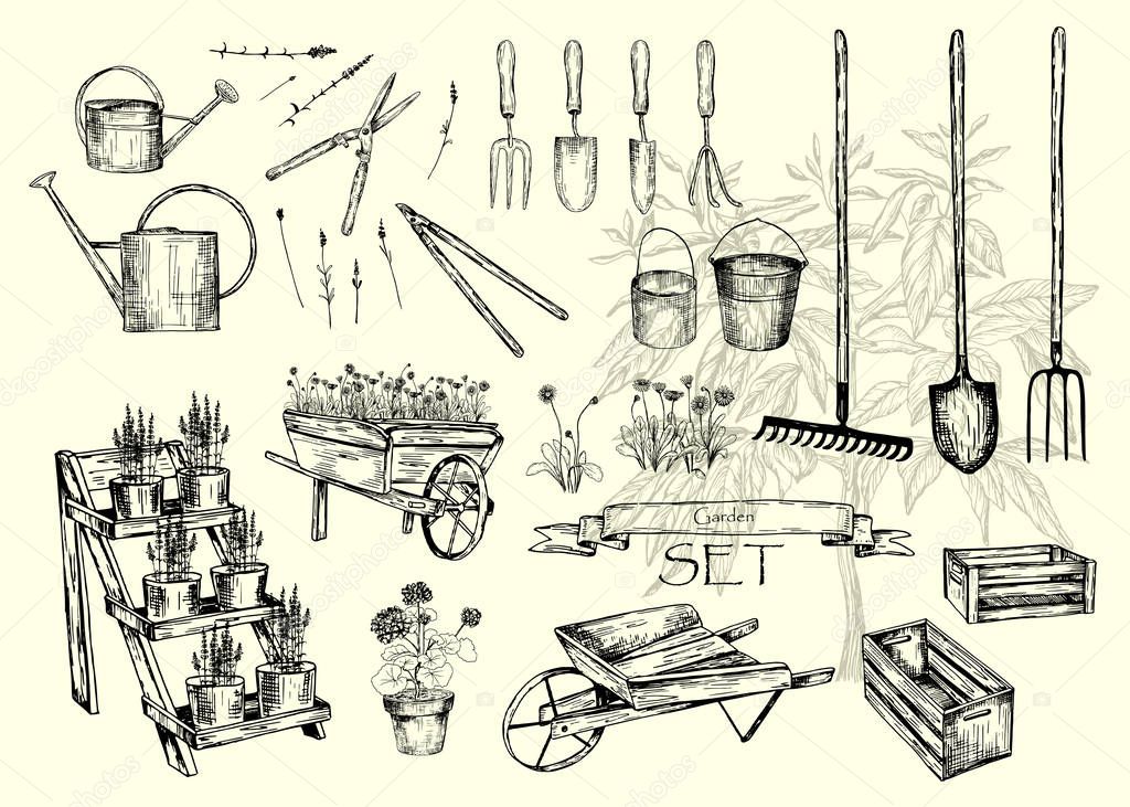 Vector illustration. Pen style sketch. Garden equipment. Vector objects set.