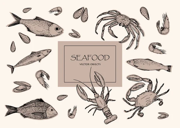 Ilustração vetorial. Frutos do mar, peixe e caranguejo. Objetos vetoriais estilo caneta . —  Vetores de Stock