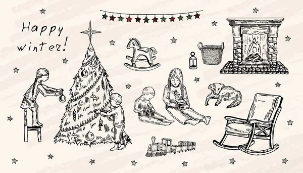 Vektör çizim. Kış kalem stilini ayarla. Evde çocuklar. Noel ve tatil zamanı. Vektör nesneleri kümesi. — Stok Vektör