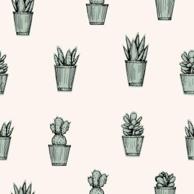 Vektör kalem tarzı çizim. Kaktüsler ve succulents seamless modeli. Kağıt arka plan tasarımı. Baskı tasarımı.