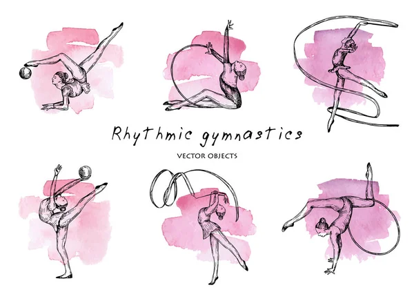 Illustrazione vettoriale. Set di ginnastica ritmica. Ragazze ginnaste su sfondo acquerello. Schizzo vettoriale in stile penna . — Vettoriale Stock